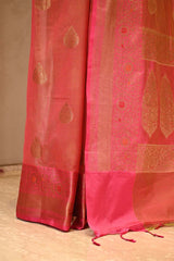 Rust Red Banarasi Cotton Saree with Antique Zari Floral Buta