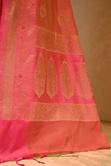 Rust Red Banarasi Cotton Saree with Antique Zari Floral Buta
