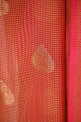 Rust Red Banarasi Cotton Saree with Antique Zari Floral Buta