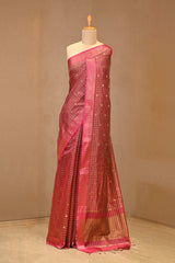 Wine Banarasi Cotton Saree with Gold Zari Floral Buti