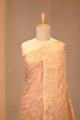 Peach Banarasi Cotton Saree with Resham Leheriya Jaal
