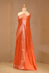 Orange Banarasi Cotton Saree with Resham Stripes & Buti