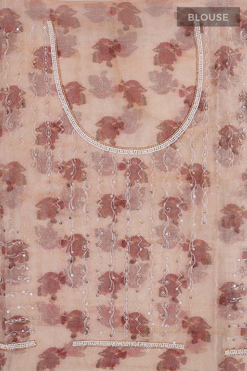 Beige Floral Printed Embellished Tissue Silk Saree - Chinaya Banaras