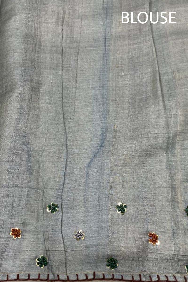 Buff Beige Embellished Tussar Silk Saree