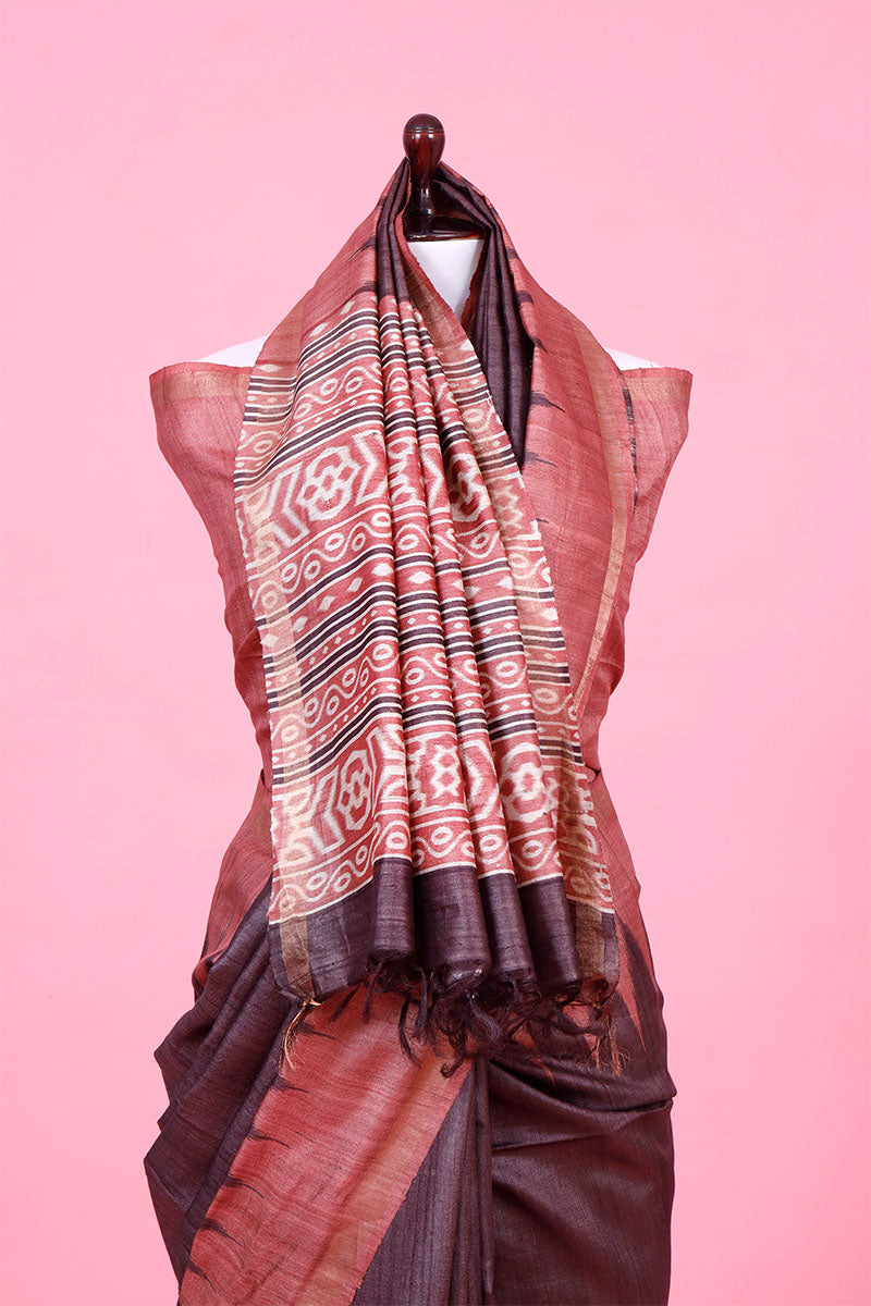 Stained Brown Woven Tussar Silk Saree