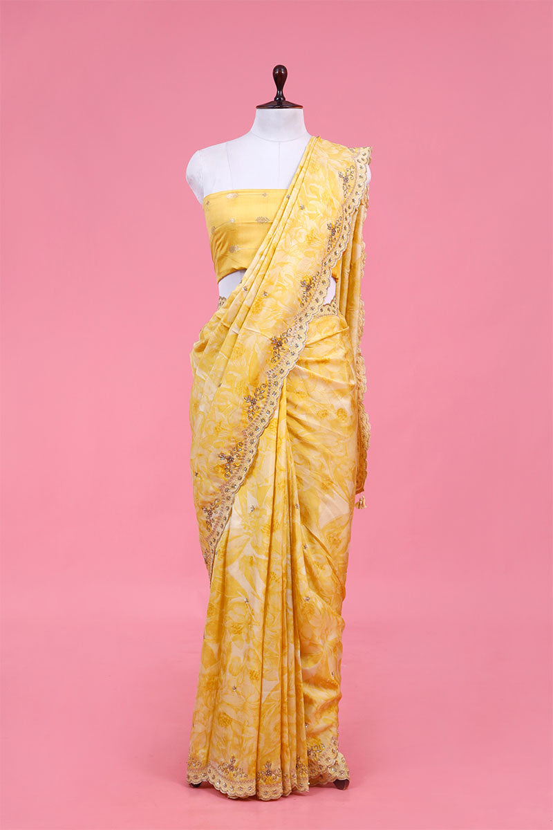 Banarasi Silk Saree, Banarasi saree, silk saree, daffodil yellow saree, wedding saree, party wear saree​, handloom saree
