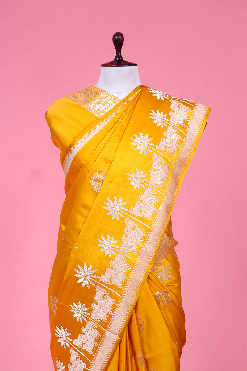 Yellow Handloom Satin Saree with Pichwai Motifs