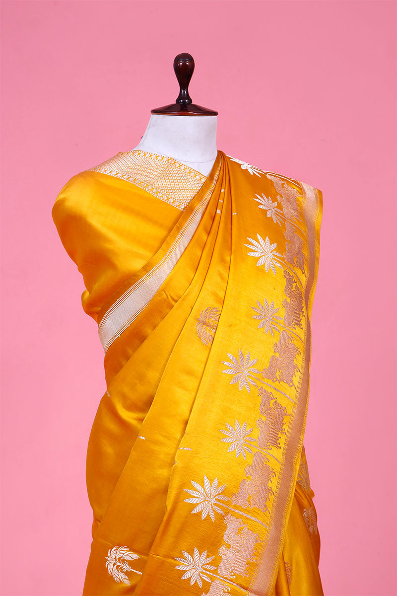 Yellow Handloom Satin Saree with Pichwai Motifs