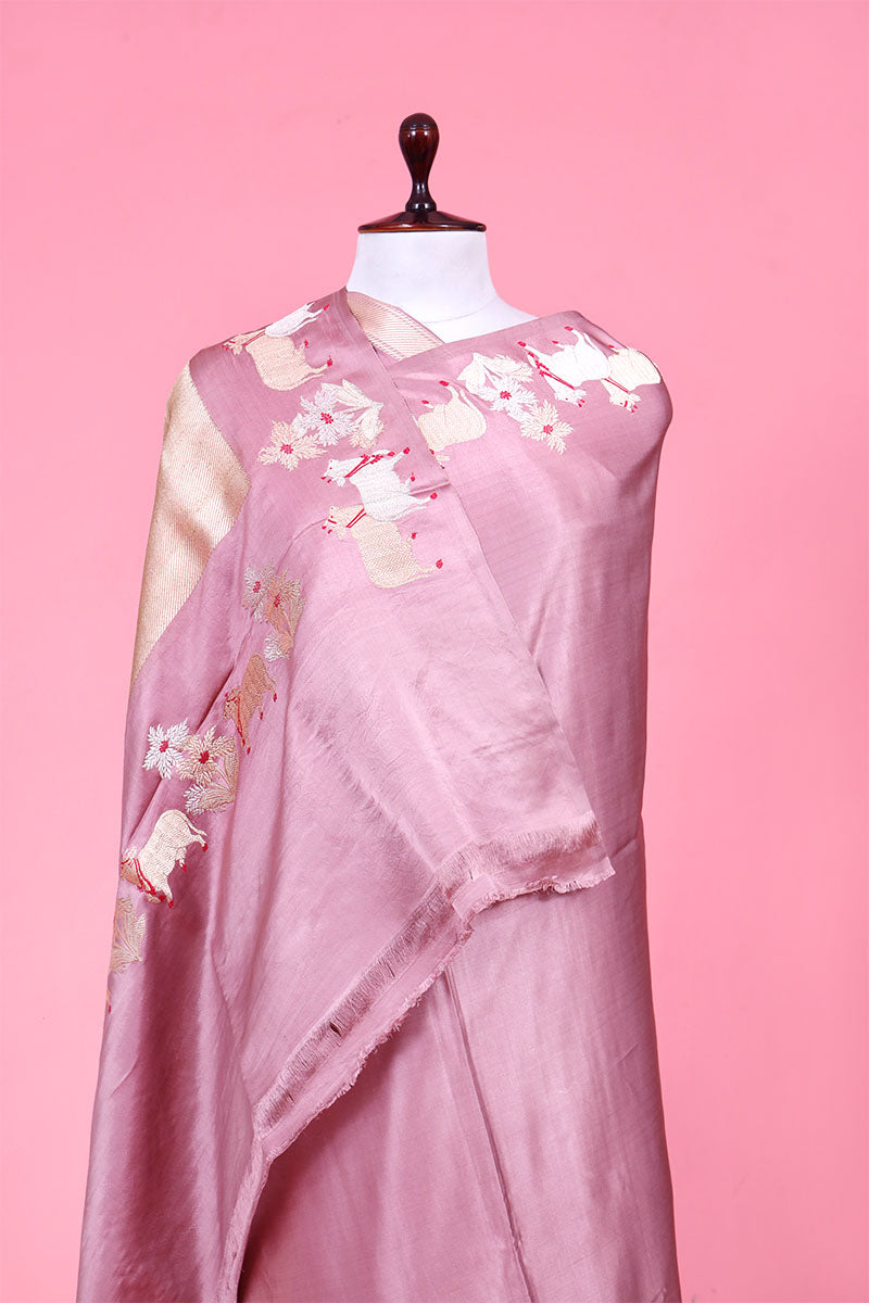 Mauve Handloom Satin Saree with Meenakari Pichwai Motifs