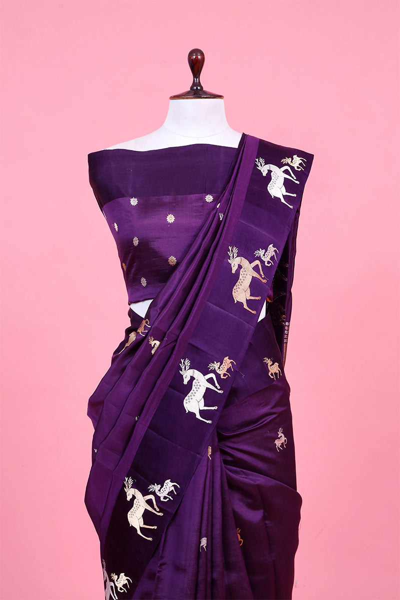 Deep purple handloom banarasi silk saree