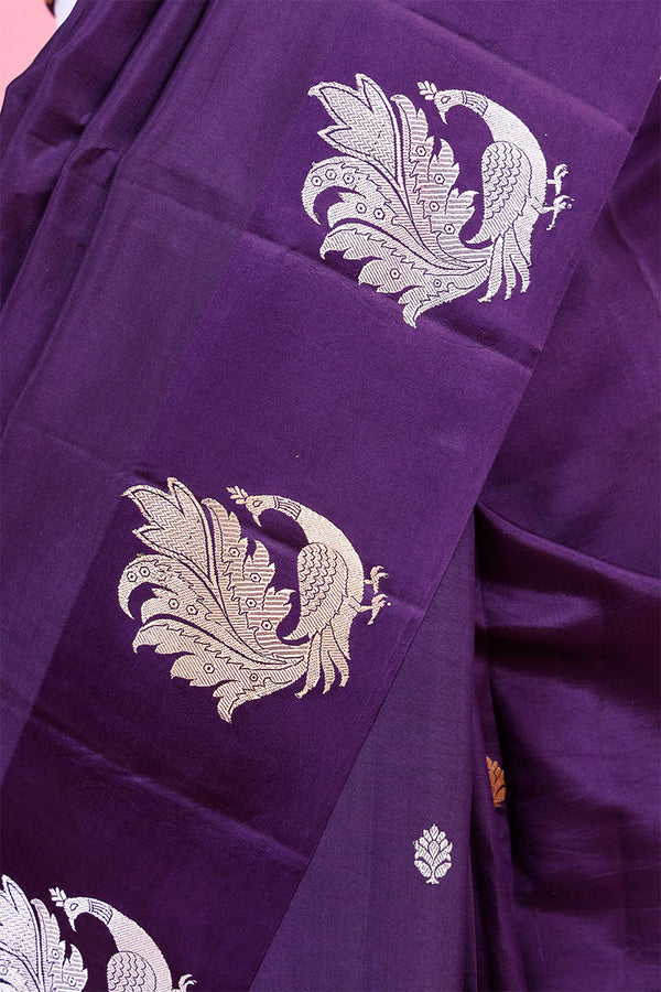 Purple Handloom Banarasi Silk Saree With Peacock Motifs