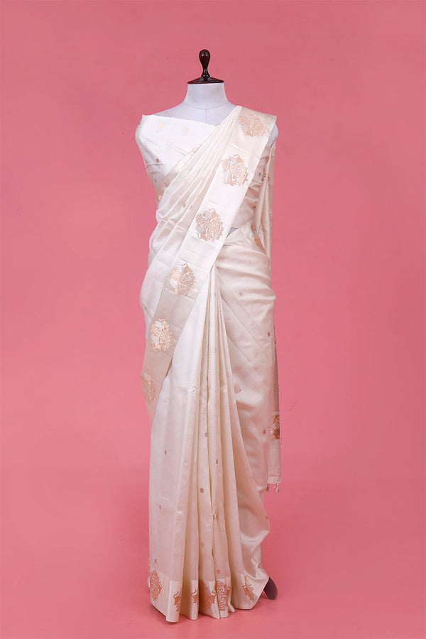 White Handloom Banarasi Silk Saree With Shikargah Motif