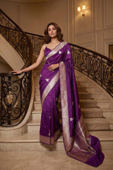 Purple Katan Silk Banarasi Saree with Flamingo Motifs