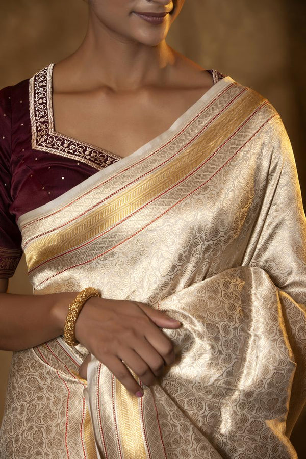 Off-White Handloom Satin Silk Saree with Meenakari Border
