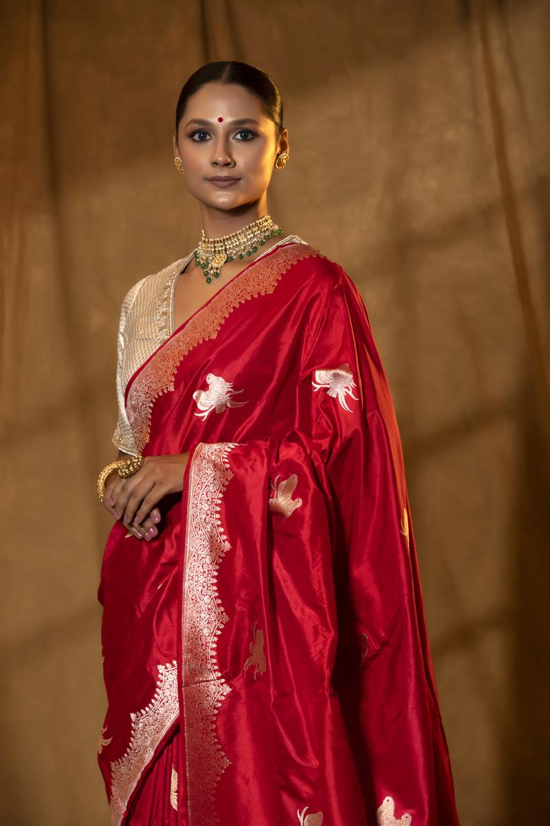 Deep Red Handloom Katan Silk Banarasi Saree with Bird Motifs