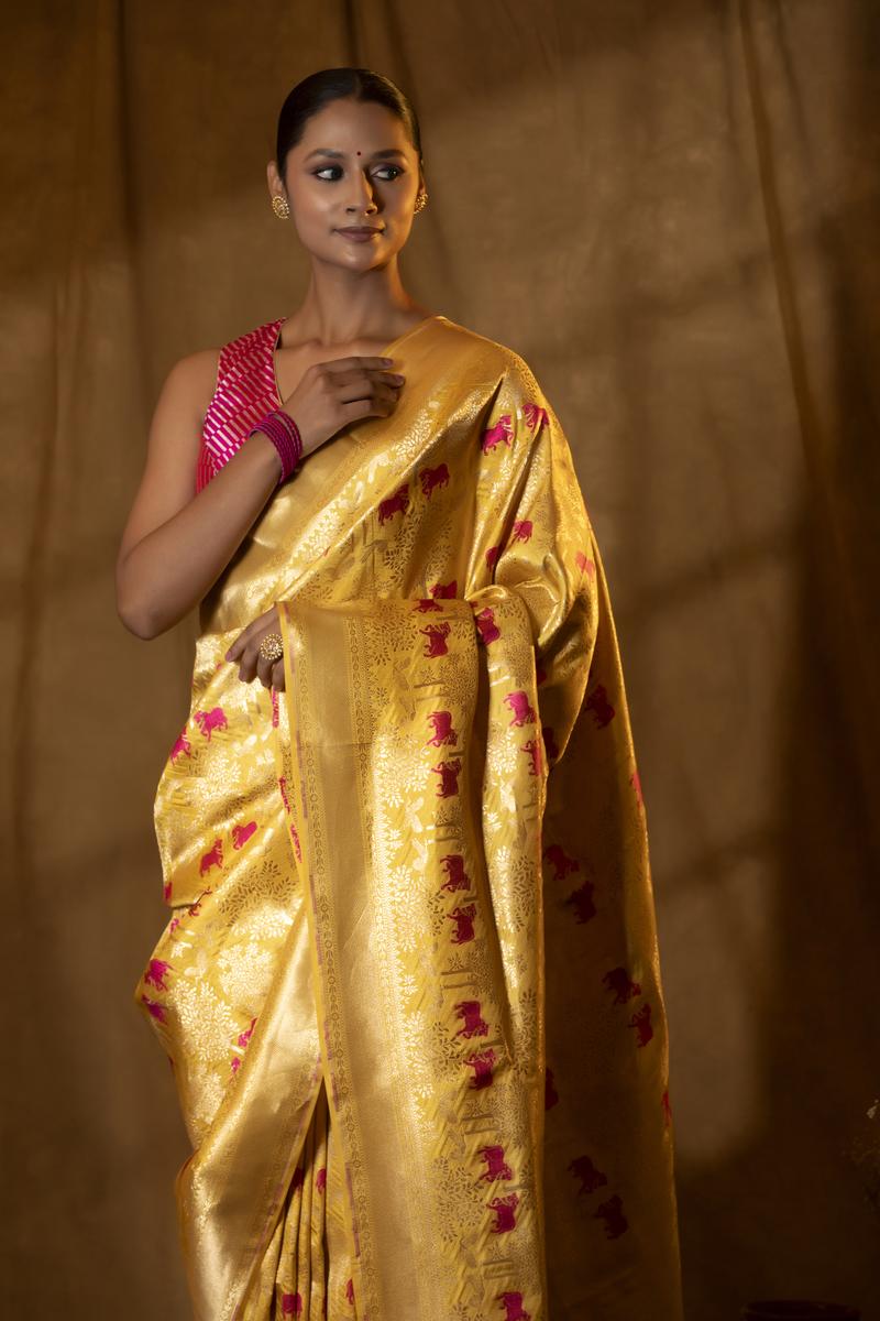 Lemon Yellow Katan Silk Banarasi Saree with Floral Pichwai Motifs