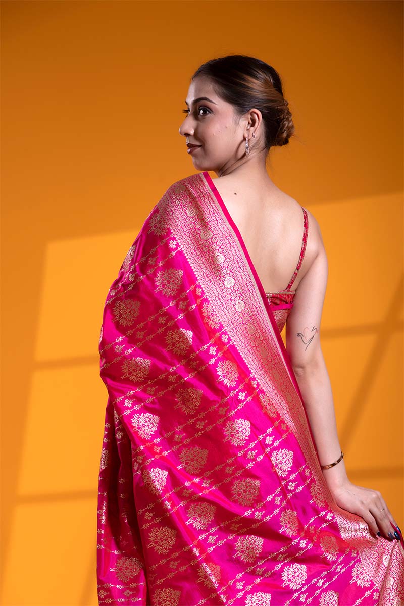 Pink Handloom Banarasi Saree with Ethnic Floral Buta and Stripes