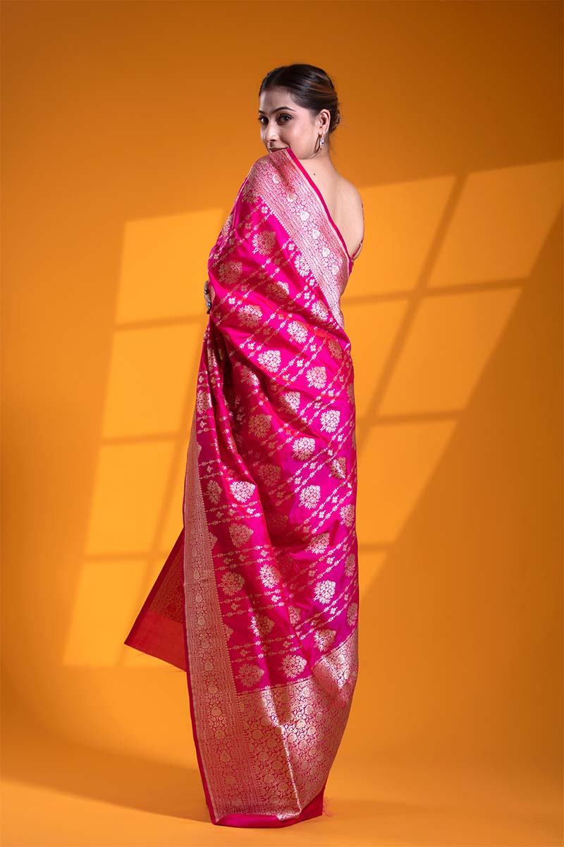 Pink Handloom Banarasi Saree with Ethnic Floral Buta and Stripes