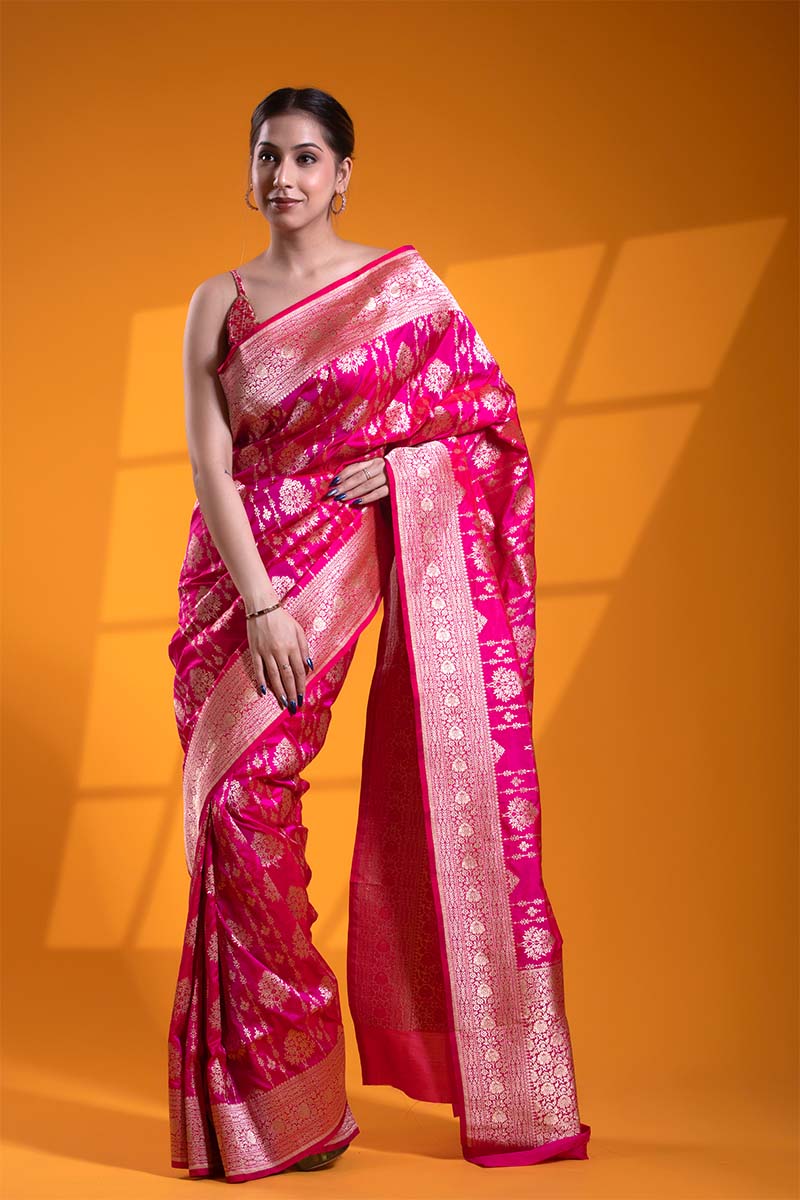 Pink Handloom Banarasi Saree with Ethnic Floral Buta and Stripes
