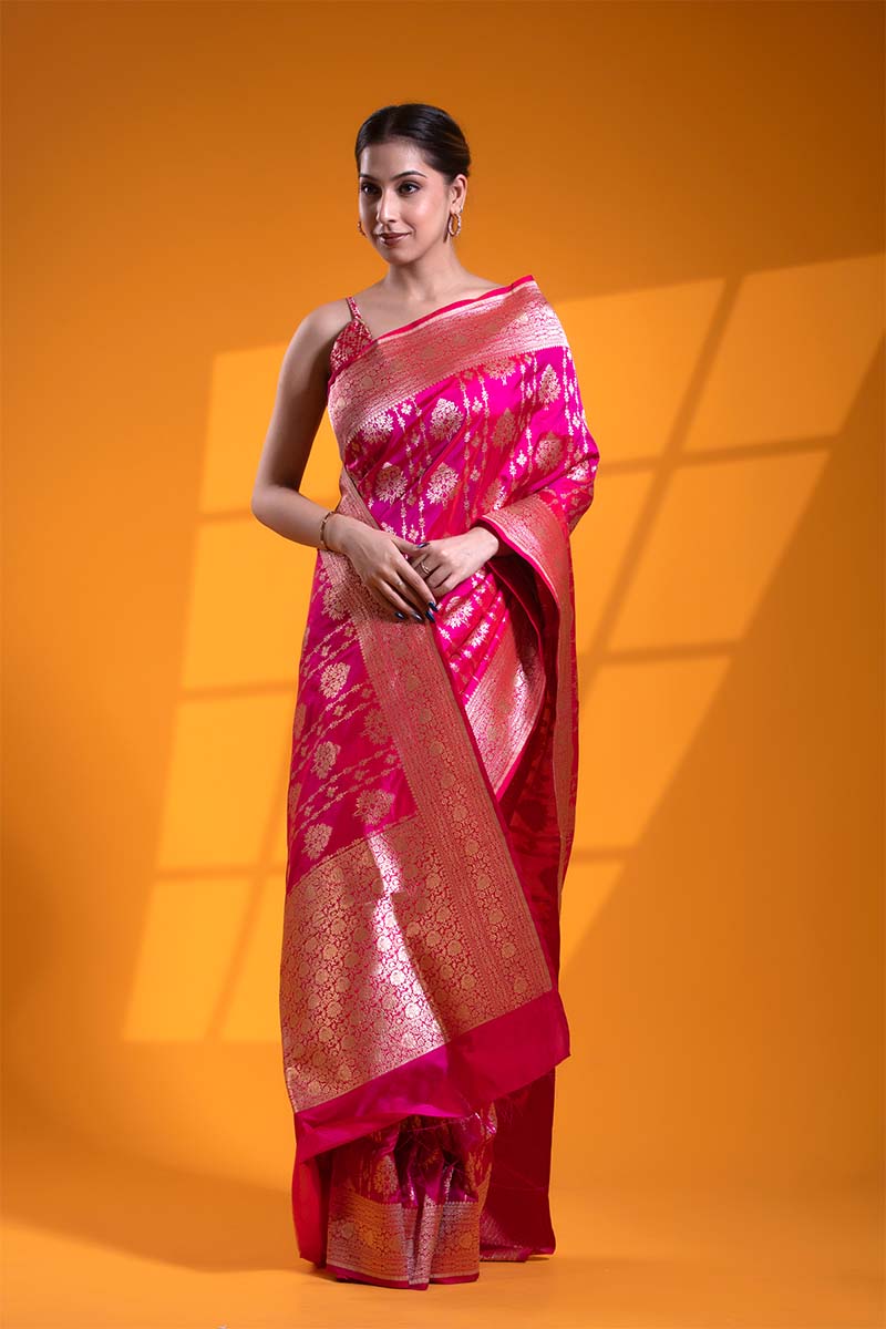 Pink Handloom Banarasi Saree with Ethnic Floral Buta and Stripes