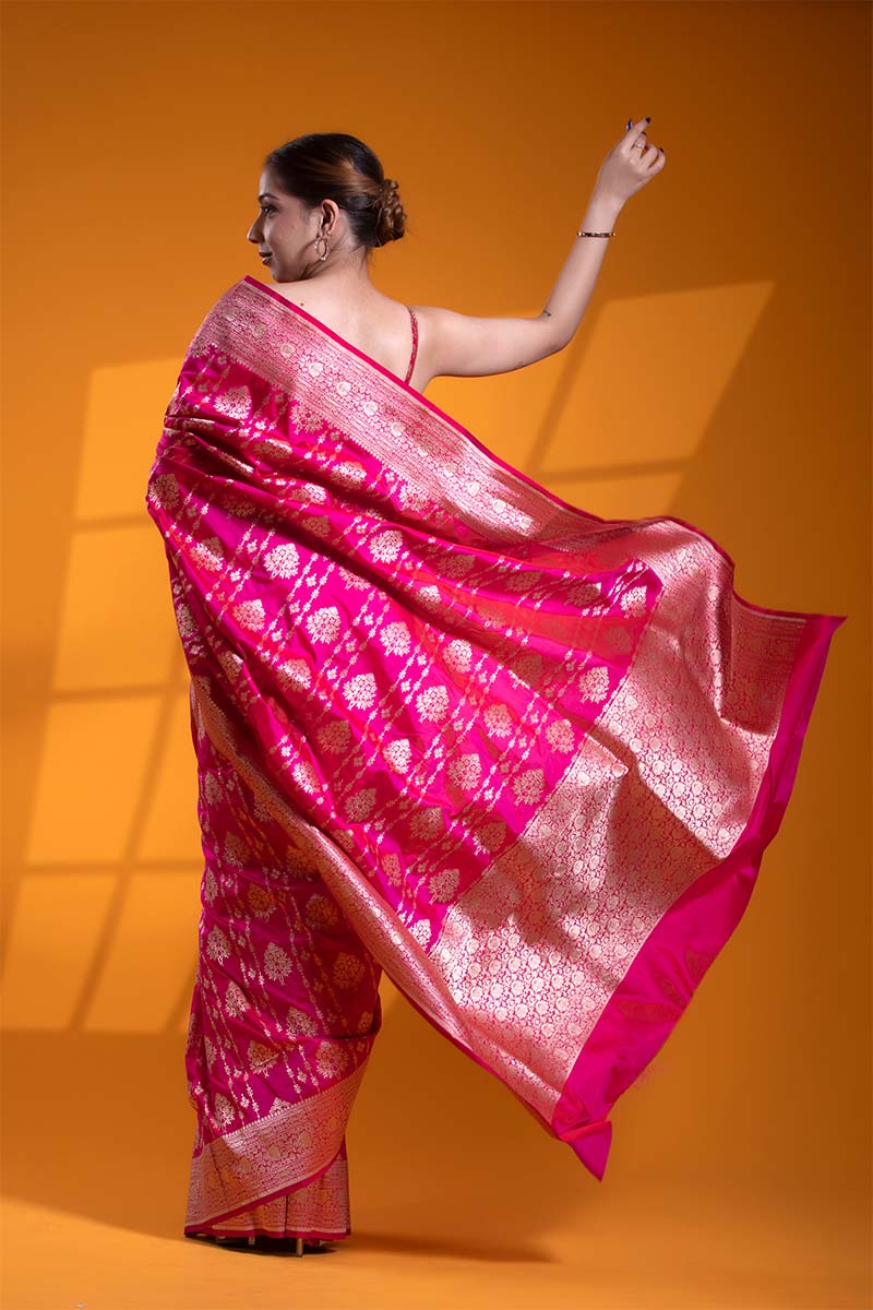 Pink Handloom Banarasi Saree with Ethnic Floral Buta and Stripes