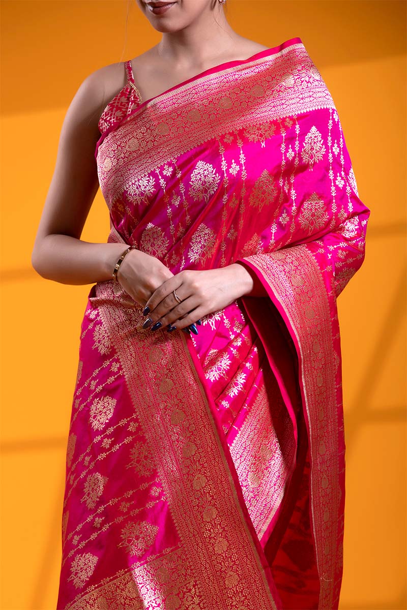 Pink Handloom Banarasi Saree with Ethnic Floral Buta and Stripes