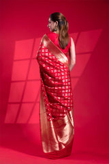 Red Banarasi Saree with Gold and Silver Zari Floral Work