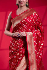 Red Banarasi Saree with Gold and Silver Zari Floral Work