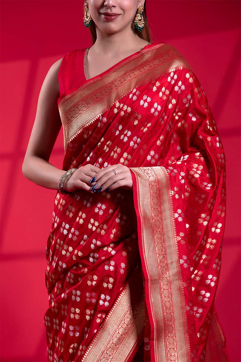 Red Banarasi Saree with Gold and Silver Zari Floral Work