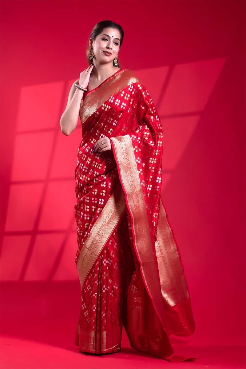 Red Banarasi Saree with Gold and Silver Zari Floral Work