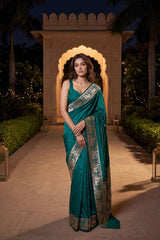 Bottle Green Banarasi Saree with Rajwada and Nartaki Motifs