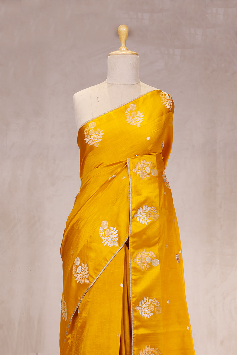 Yellow Handloom Banarasi Silk Saree with Ganesh Mantra Embellished Pallu