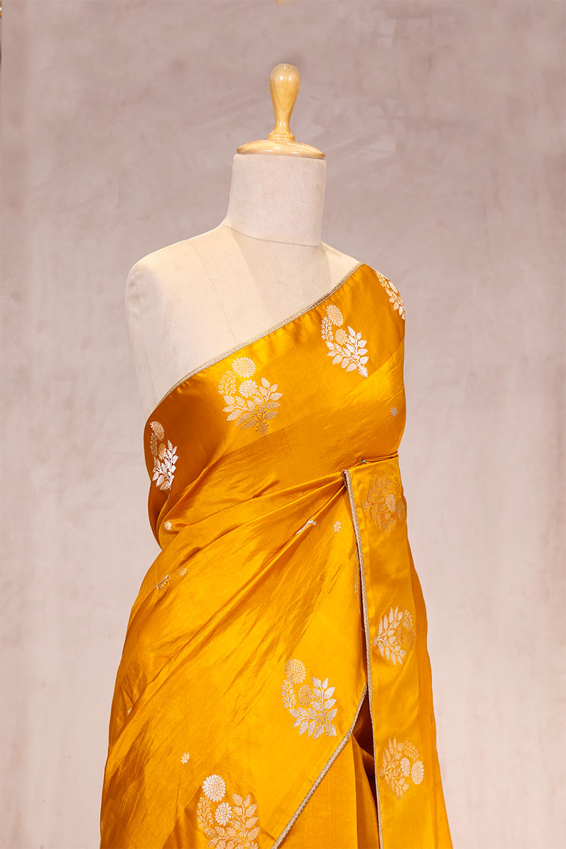 Yellow Handloom Banarasi Silk Saree with Ganesh Mantra Embellished Pallu