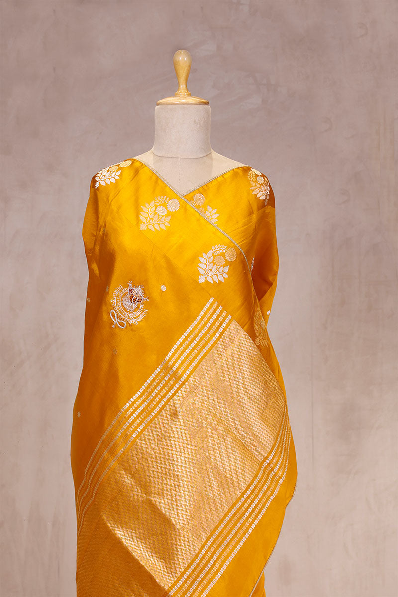 Yellow Handloom Banarasi Silk Saree with Ganesh Mantra Embellished Pallu