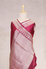 Wine Handloom Banarasi Satin Silk Saree with Silver Zari Work