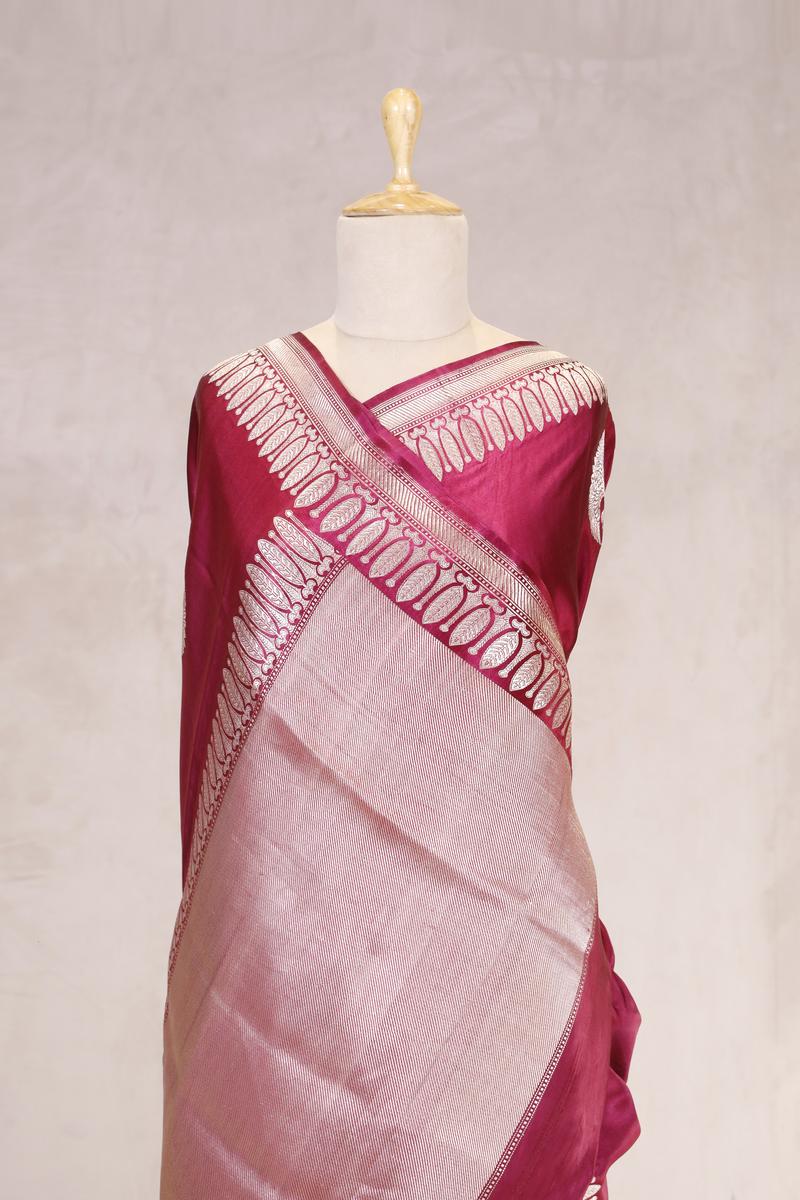 Wine Handloom Banarasi Satin Silk Saree with Silver Zari Work