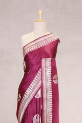 Wine Handloom Banarasi Satin Silk Saree with Silver Zari Work