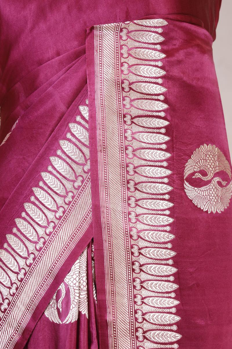 Wine Handloom Banarasi Satin Silk Saree with Silver Zari Work
