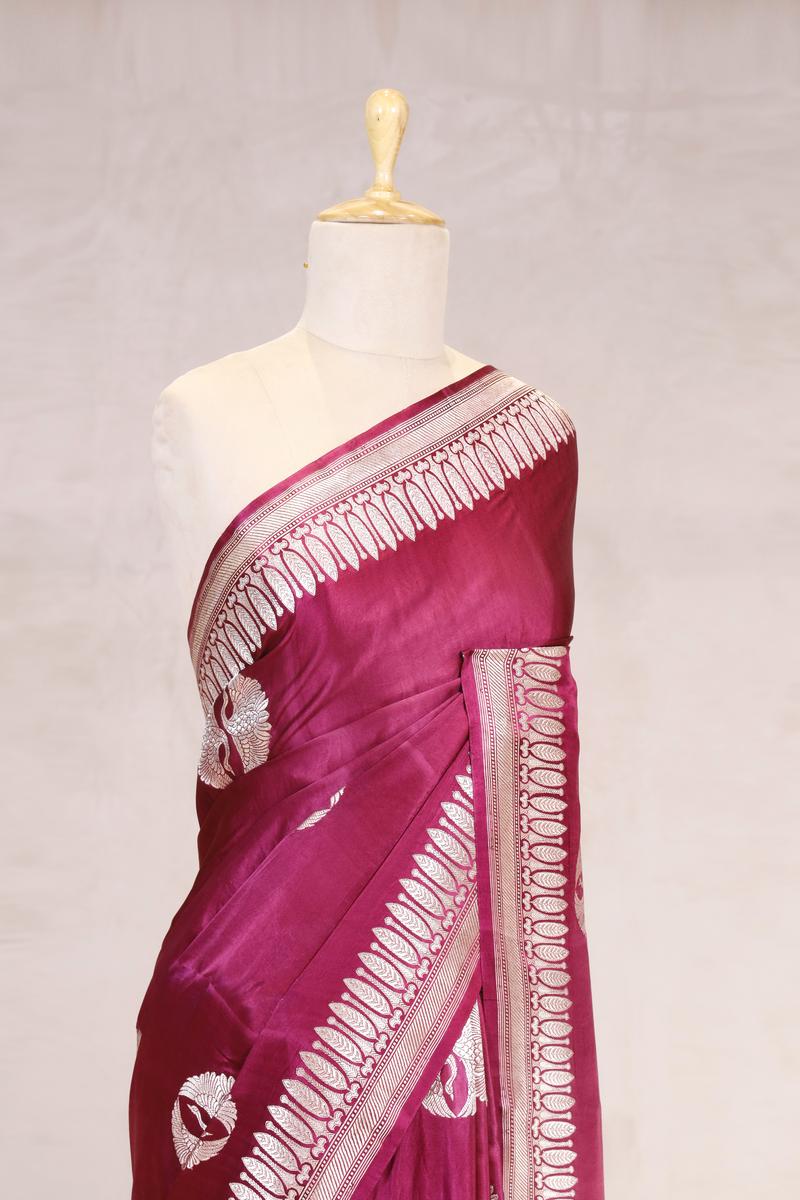 Wine Handloom Banarasi Satin Silk Saree with Silver Zari Work