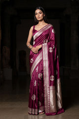 Wine Handloom Banarasi Satin Silk Saree with Silver Zari Work