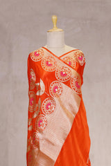 Orange Handloom Banarasi Satin Silk Saree with Gold Zari And Resham Floral Work