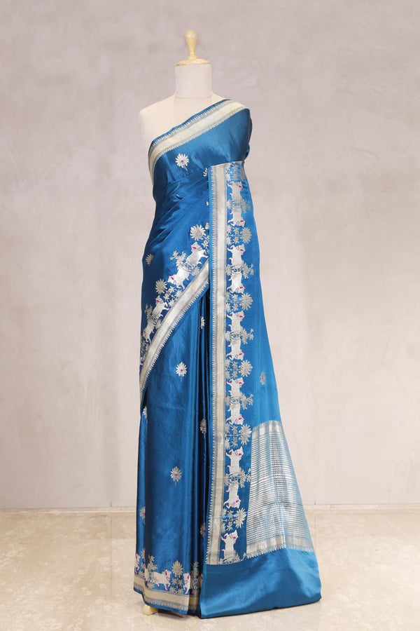 Blue Handloom Banarasi Satin Silk Saree with Silver Zari Pichwai Motif