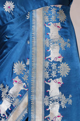 Blue Handloom Banarasi Satin Silk Saree with Silver Zari Pichwai Motif