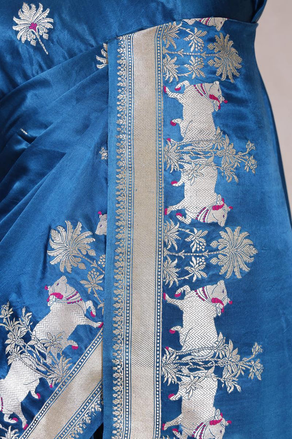 Blue Handloom Banarasi Satin Silk Saree with Silver Zari Pichwai Motif