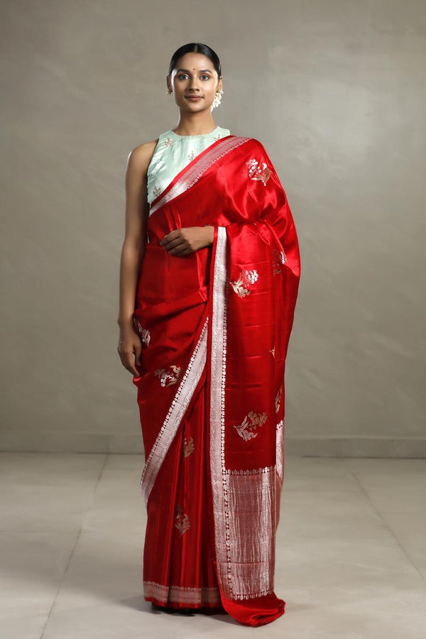 Red Handloom Banarasi Satin Silk Saree with Silver And Gold Zari