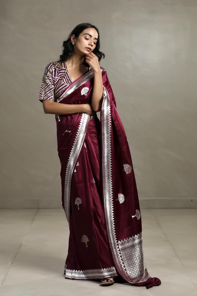 Wine Handloom Banarasi Saree with Gold and Silver Zari Floral Motifs