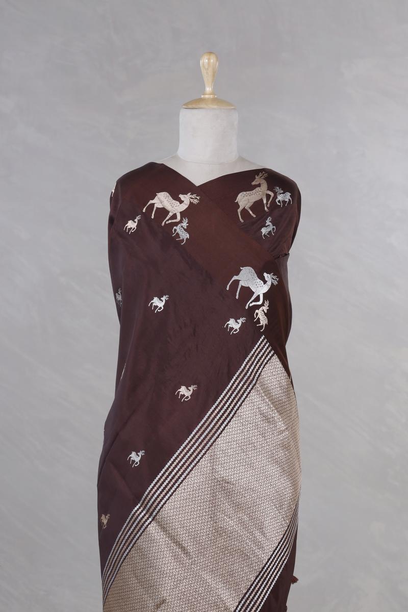 Brown Deer Motif Pure Banarasi Silk Saree