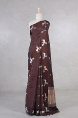 This Brown Deer motif banarasi silk saree is a wedding saree and festive wear saree. Free Shipping Available!