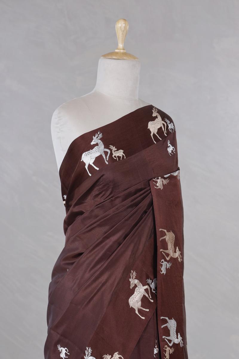 Brown Deer Motif Pure Banarasi Silk Saree