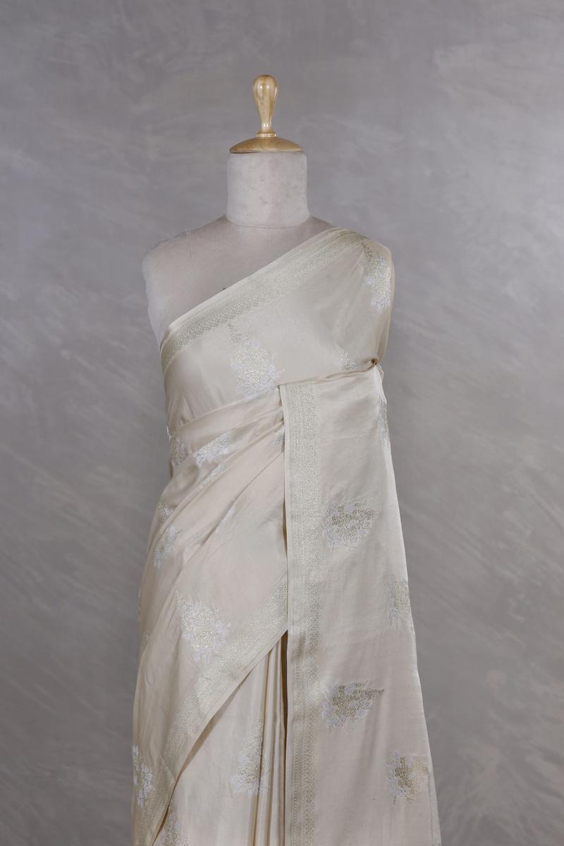 Off White Banarasi Silk Saree with Floral Motifs